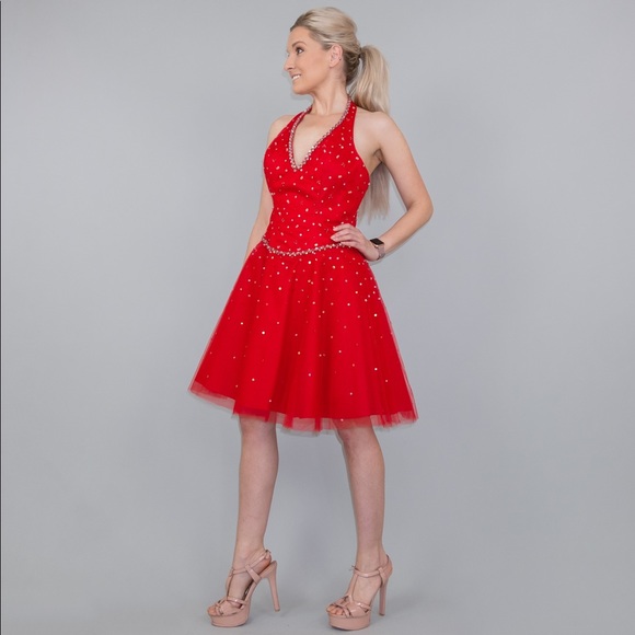 Red Fit Flare Halter Cocktail Homecoming Dress - Picture 8 of 8